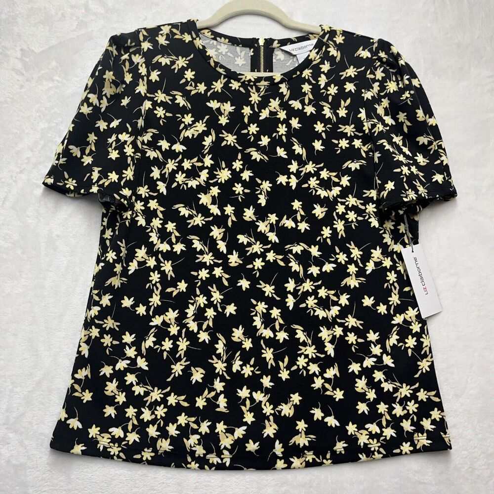 LIZ CLAIBORNE Short Sleeve Floral Top Womens Sz Small Zipper Back Blouse NEW